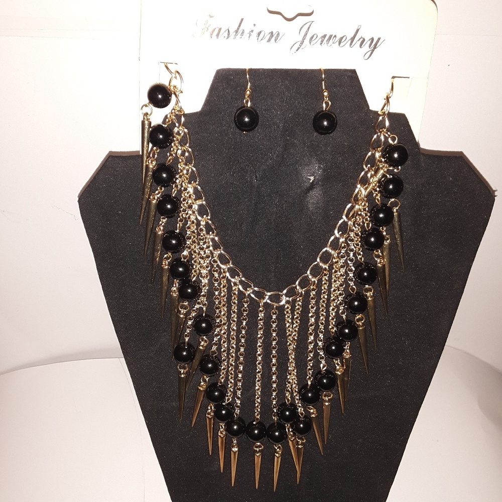 Bib Style Black And GoldTone Necklace Set